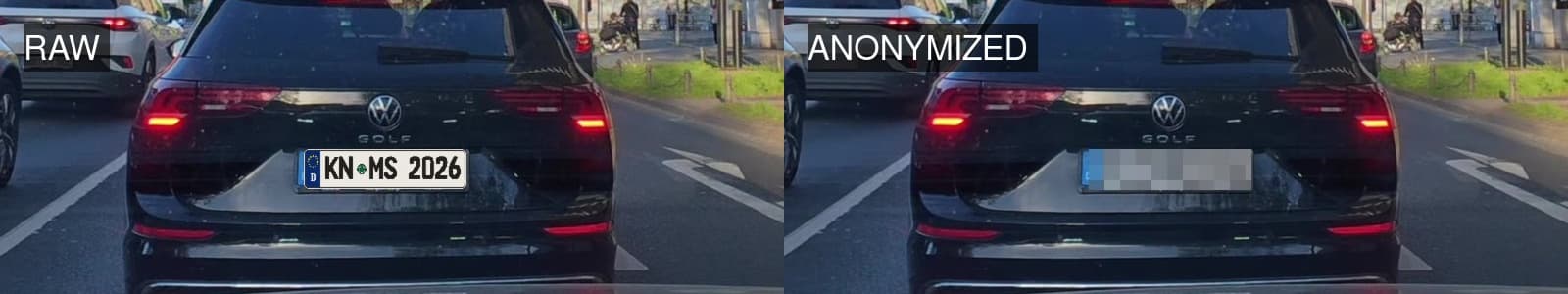 Roh vs. anonymisierte Nahaufnahme: lesbares deutsches Kennzeichen zu irreversiblem Mosaik