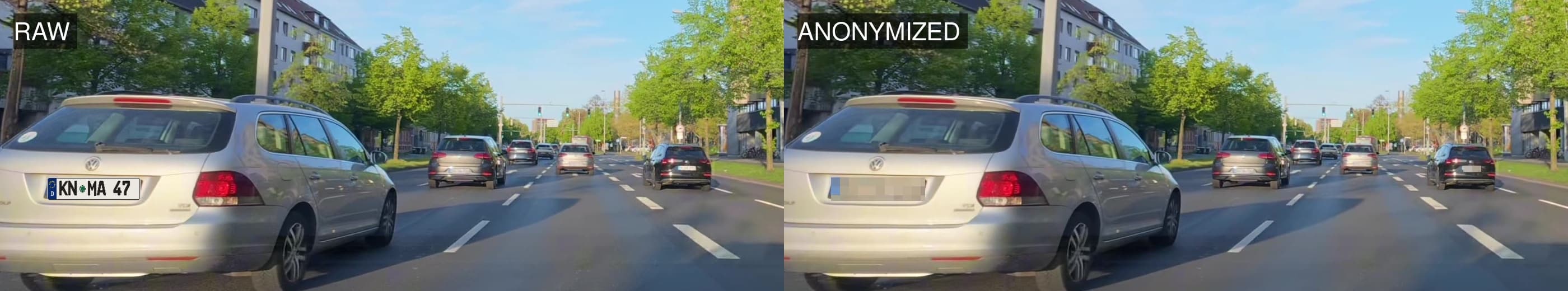 Traffic scene before and after anonymization