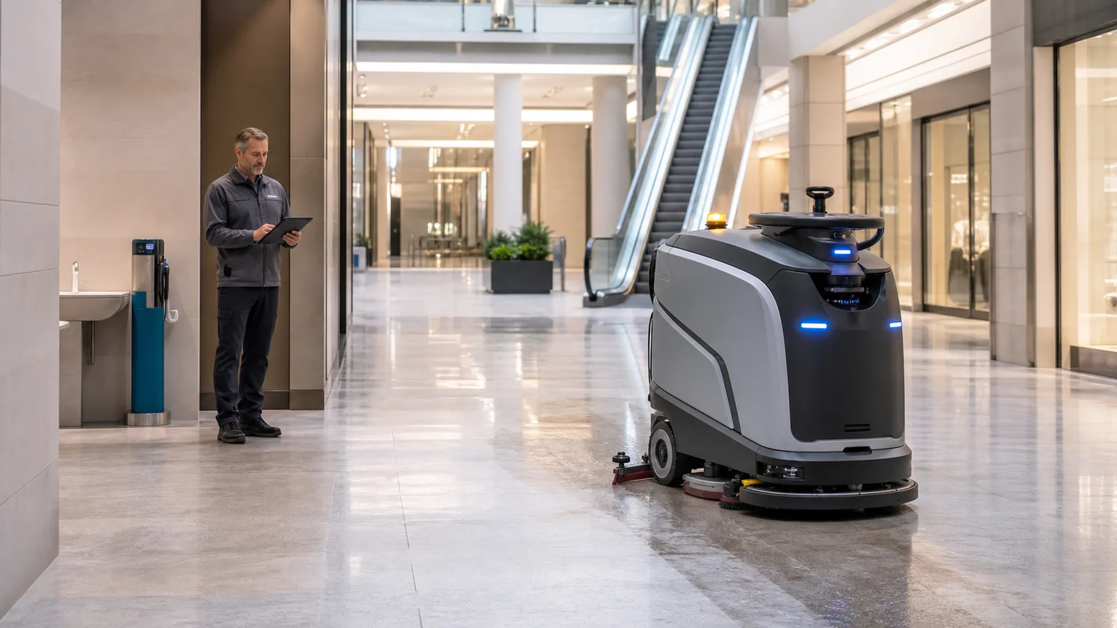 Autonomer Bodenreinigungsroboter bei der Reinigung einer Einkaufszentrum-Passage, während eine Pflegekraft ein Tablet überwacht