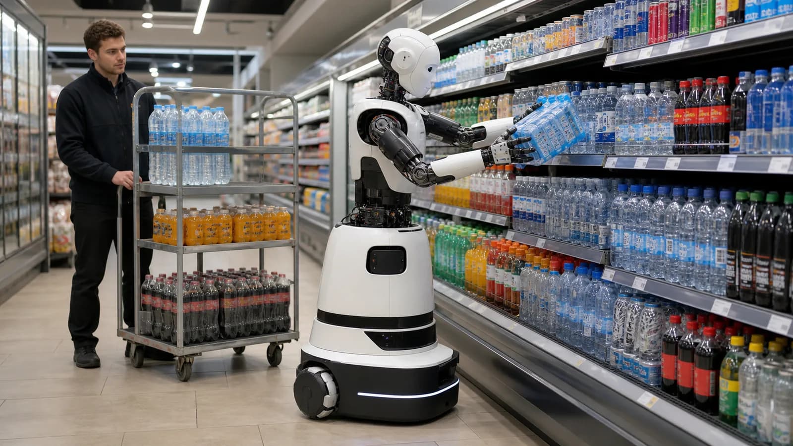 Radgetriebener humanoider Roboter beim Nachfüllen von Flaschengetränken im Kühlregal eines Supermarkts