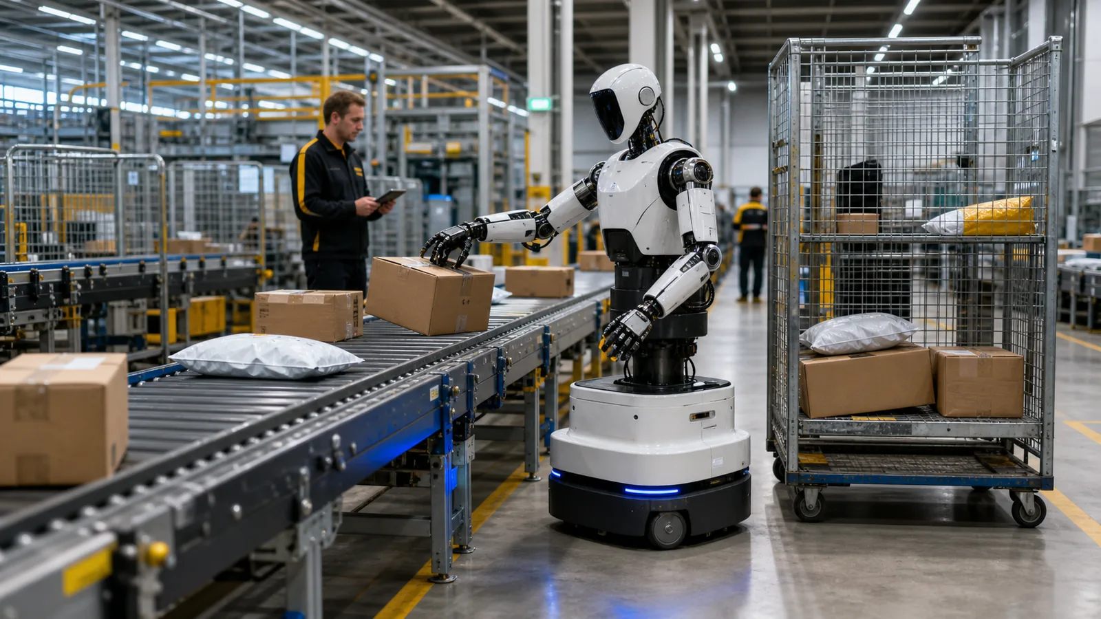 Radgetriebener humanoider Roboter, der in einer Sortierhalle Pakete von einem Förderband in einen Rollcontainer sortiert