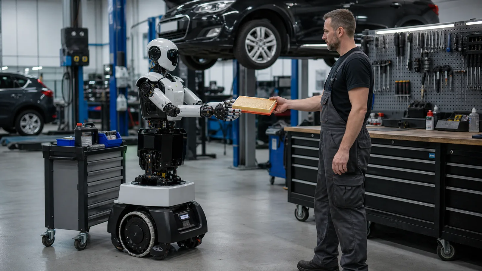 Radgetriebener humanoider Roboter übergibt einen Luftfilter an einen Techniker in einer KFZ-Werkstattbucht