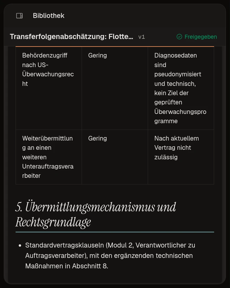 Ein freigegebenes Transfer Impact Assessment für Fahrzeugdiagnosedaten in Marsstein Compliance, mit Beispieldaten.