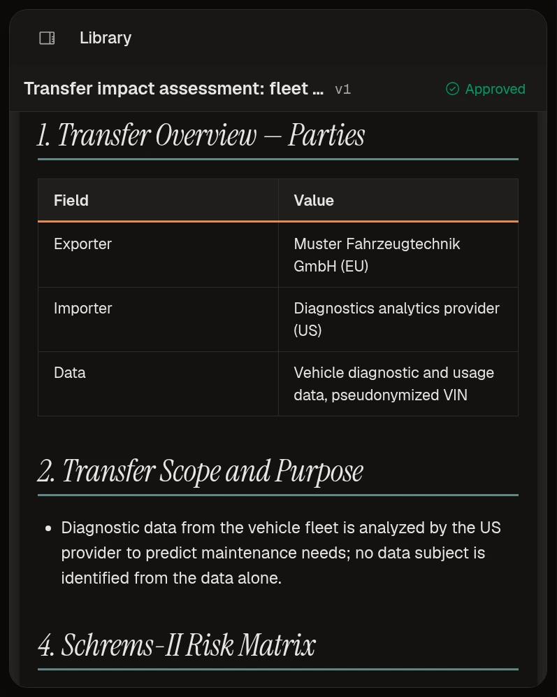 An approved transfer impact assessment for vehicle diagnostic data in Marsstein Compliance, on sample data.