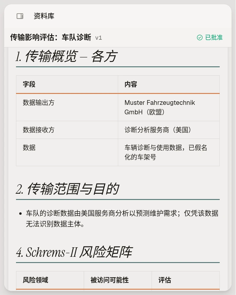 Marsstein Compliance 中一份已批准的车辆诊断数据传输影响评估,示例数据。