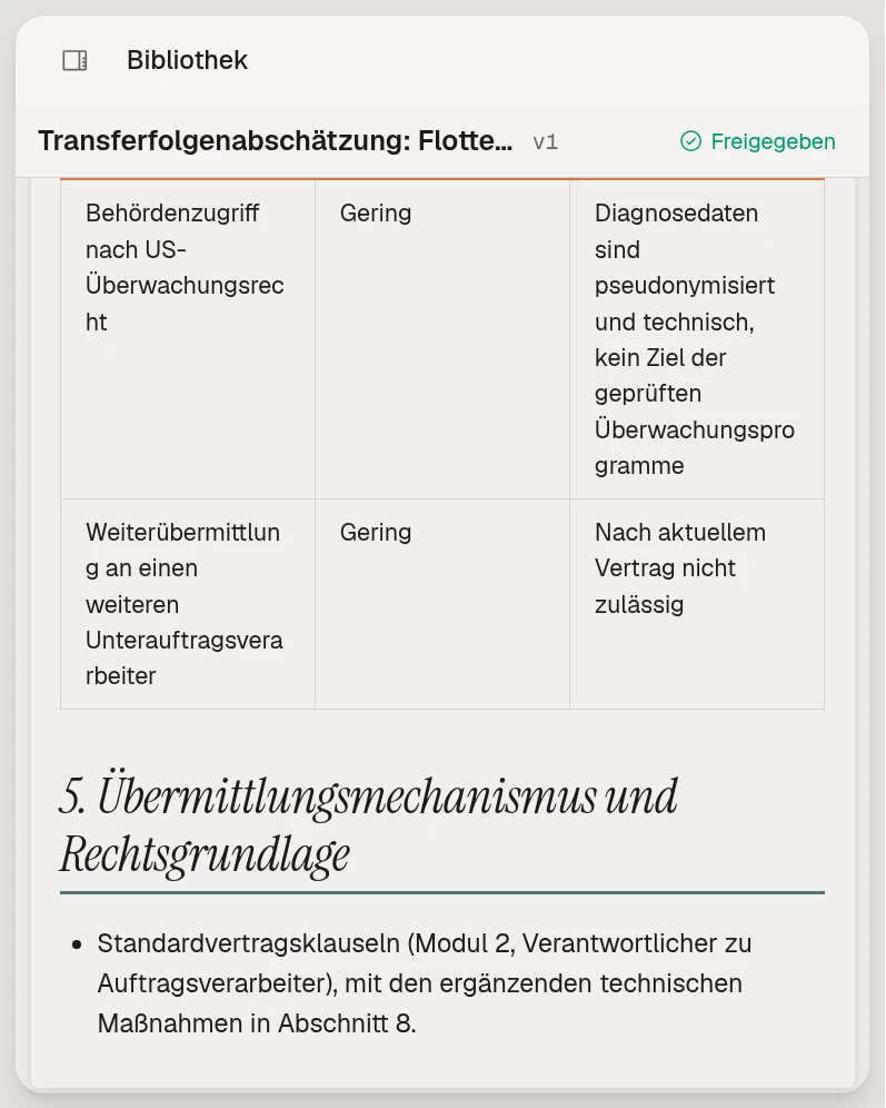 Ein freigegebenes Transfer Impact Assessment für Fahrzeugdiagnosedaten in Marsstein Compliance, mit Beispieldaten.