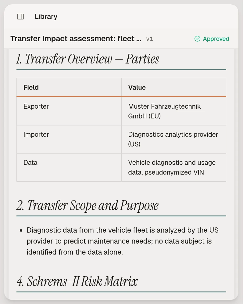 An approved transfer impact assessment for vehicle diagnostic data in Marsstein Compliance, on sample data.